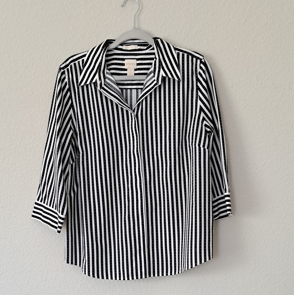 Chico's Black and White Striped Button Down Shirt No Iron Medium